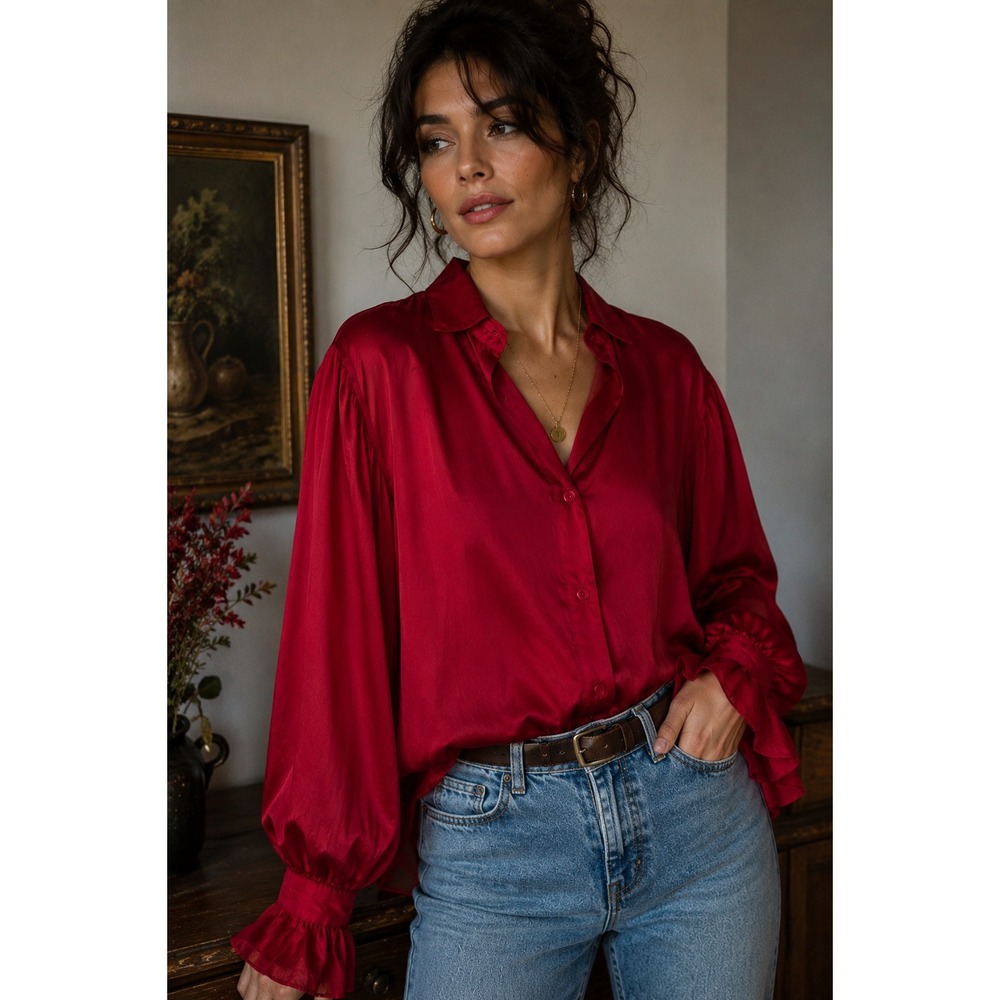Vintage Silk Blouse Ruby Red Ruffle Cuff Button Front Romantic Goth M
